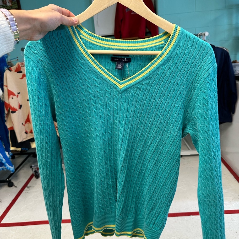 Tommy Hilfiger Teal V-Neck Sweater with Yellow Trim